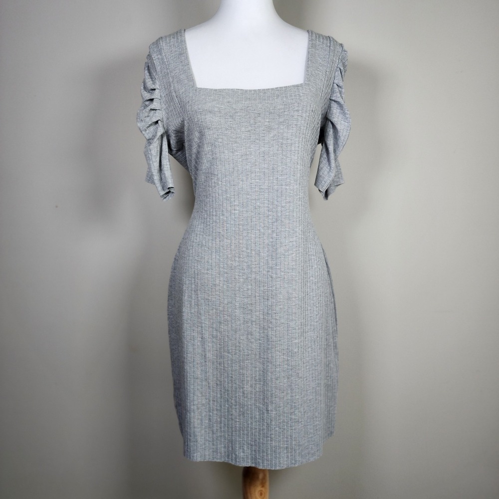 Venus Dress Womens Large Jersey Ribbed Bodycon Stretch Minimal Ruffle Sleeve